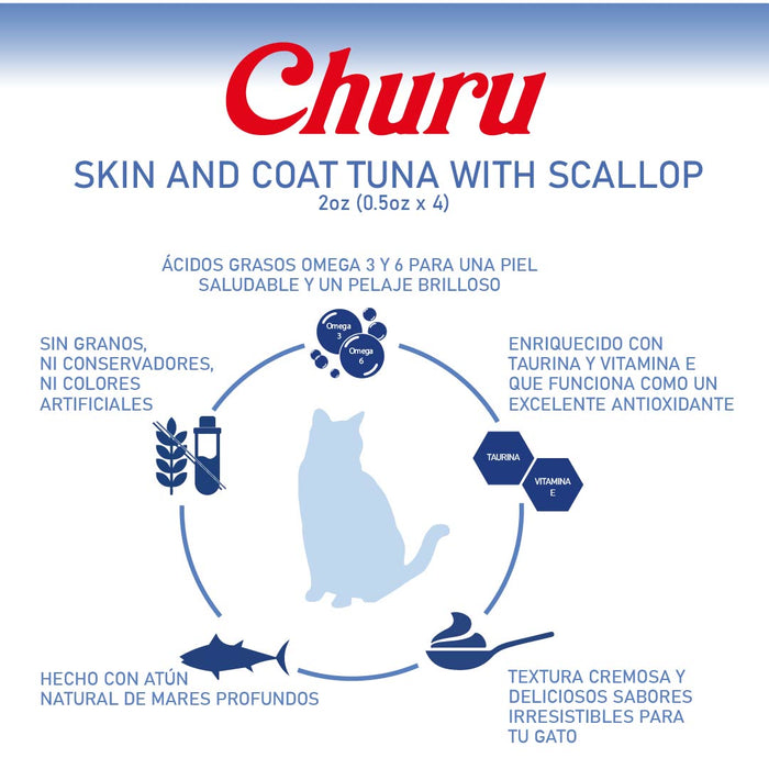 Inaba Churu Skin&Coat Atún y Vieira- Snack Premio Cremoso para Gatos - 4 tubos de 14g cu