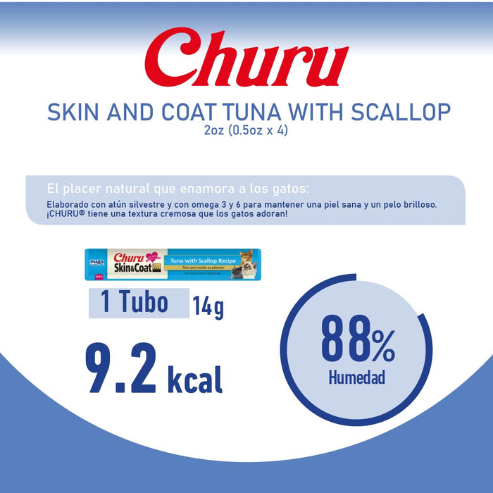 Inaba Churu Skin&Coat Atún y Vieira- Snack Premio Cremoso para Gatos - 4 tubos de 14g cu
