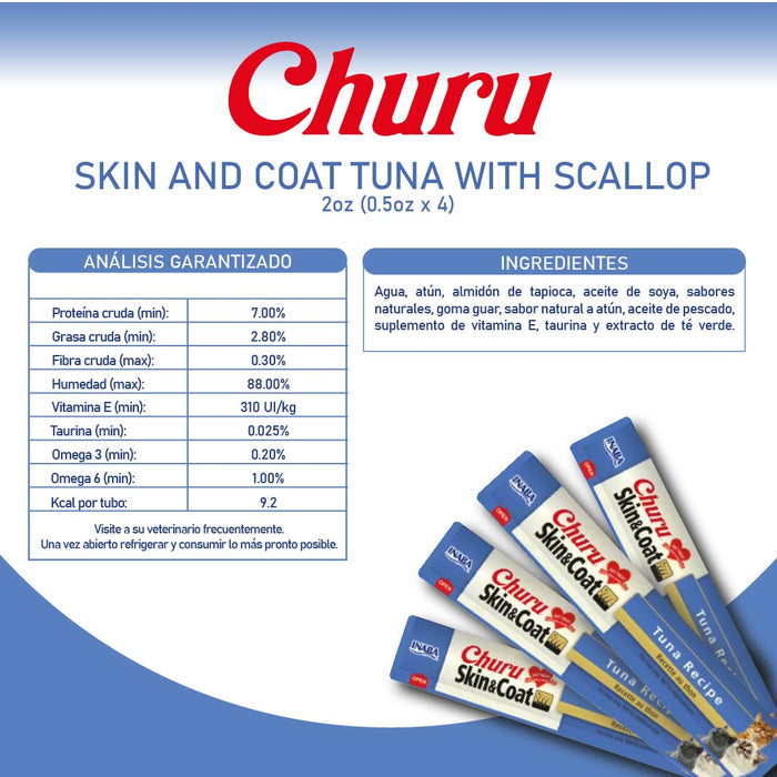 Inaba Churu Skin & Coat Atún-Snack Premio Cremoso para Gatos - 4 tubos de 14g cu