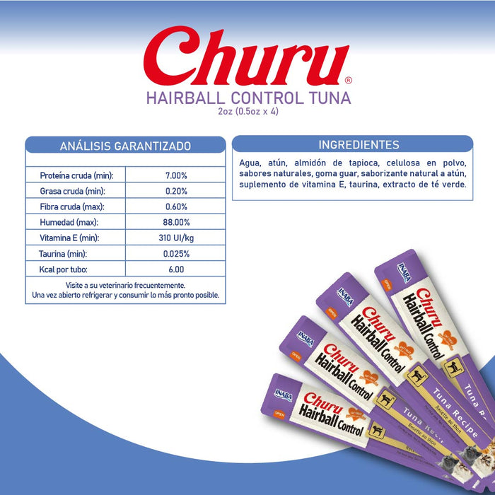 Inaba Churu Hairball- Snack Premio Cremoso para Gatos - 4 tubos de 14g cu