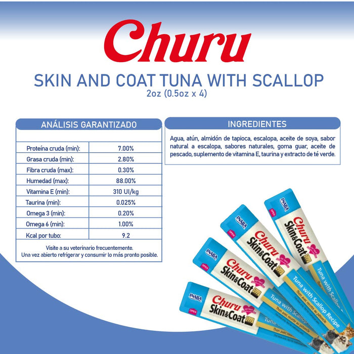 Inaba Churu Skin&Coat Atún y Vieira- Snack Premio Cremoso para Gatos - 4 tubos de 14g cu