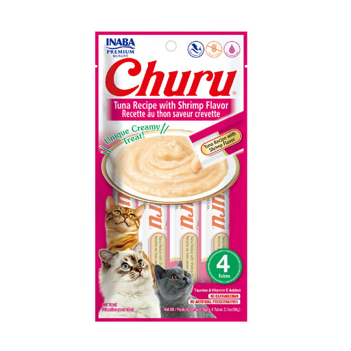 Inaba Churu Sabor Atún y Camarón, Snack Premio Cremoso para Gatos - 4 tubos 14g cu